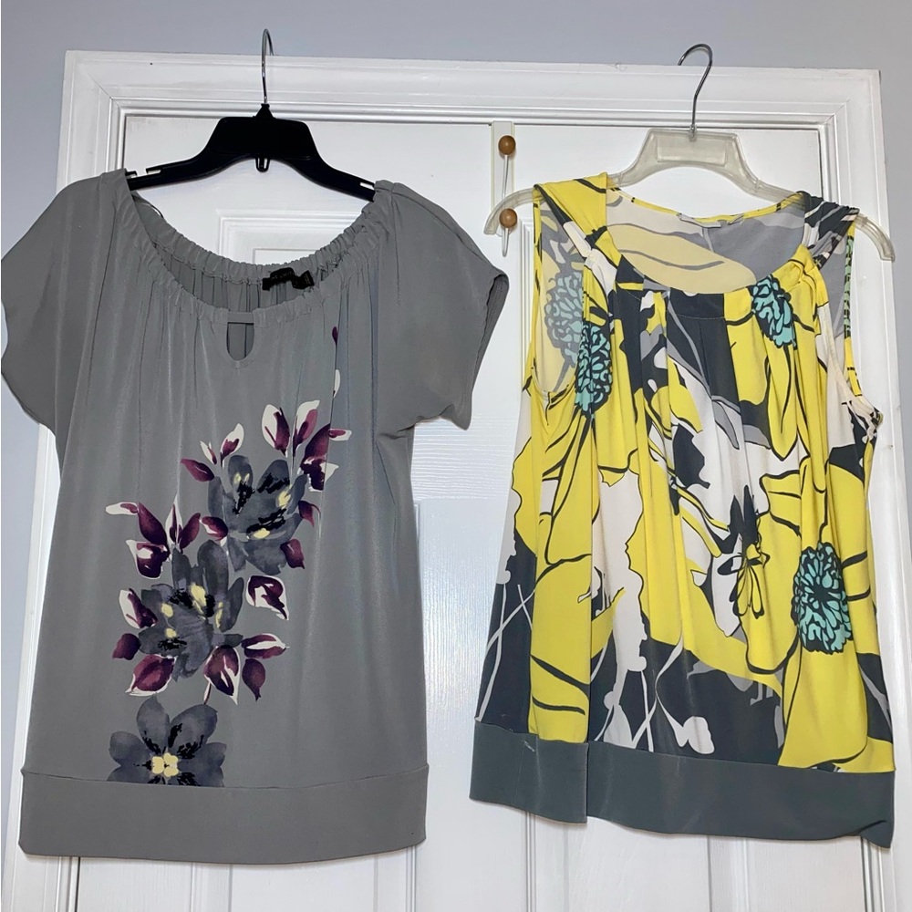 New York & Company Gray and Yellow Floral Blouses & Limited grey top